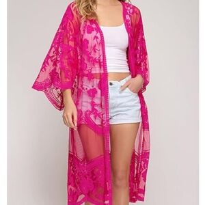 Long Flowy Lace Kimono Cardigan Boho Style Open Cover Ups Pink